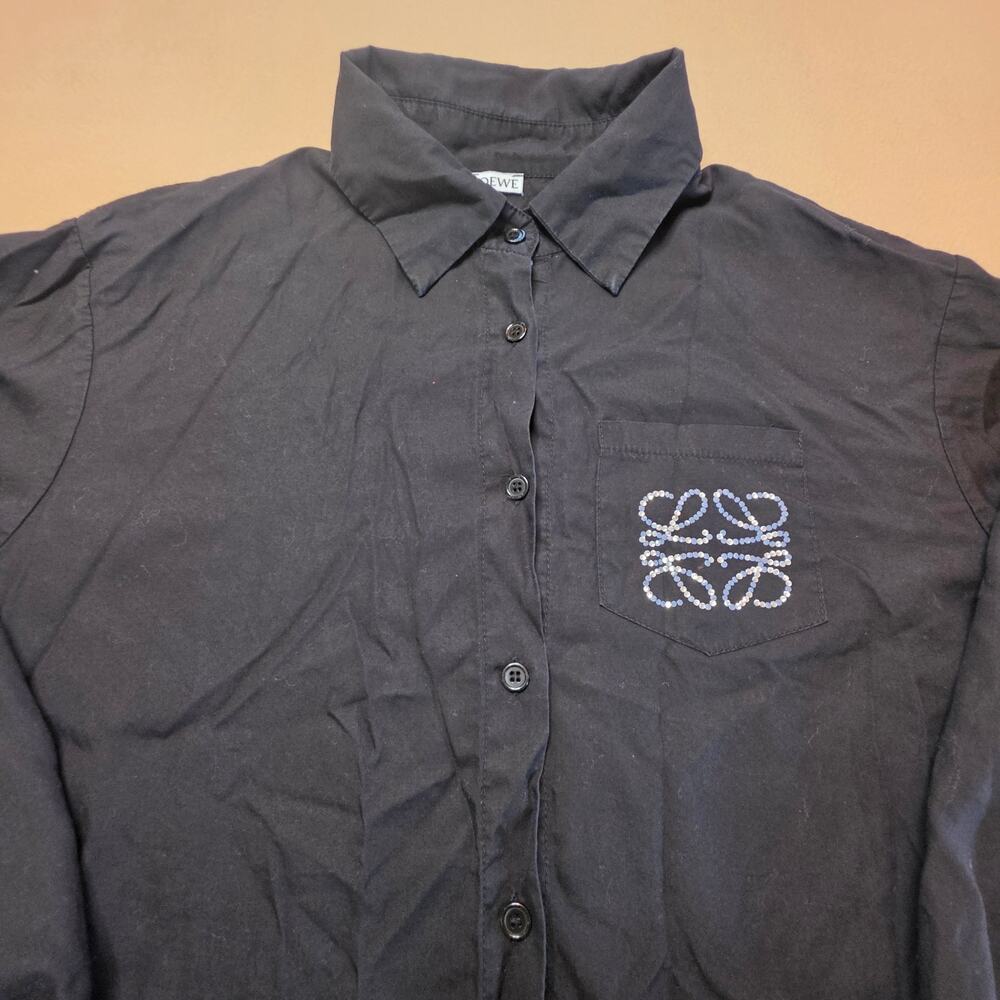 Loewe H6199590PC Black Cotton Anagram Rhinestone Button Shirt Sz Medium FLAWED - Picture 3 of 13
